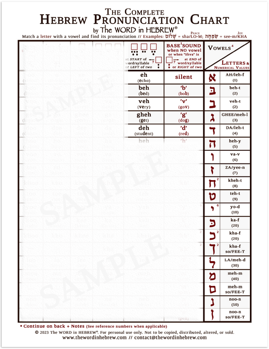 The Complete Hebrew Pronunciation Chart (WHOLESALE ONLY!) WHITE - LAMINATED