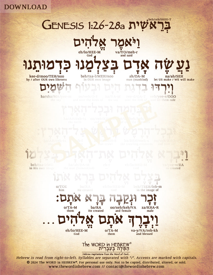 Genesis 1:26-28a in Hebrew - "Let US make man in OUR image..." - Digital Download