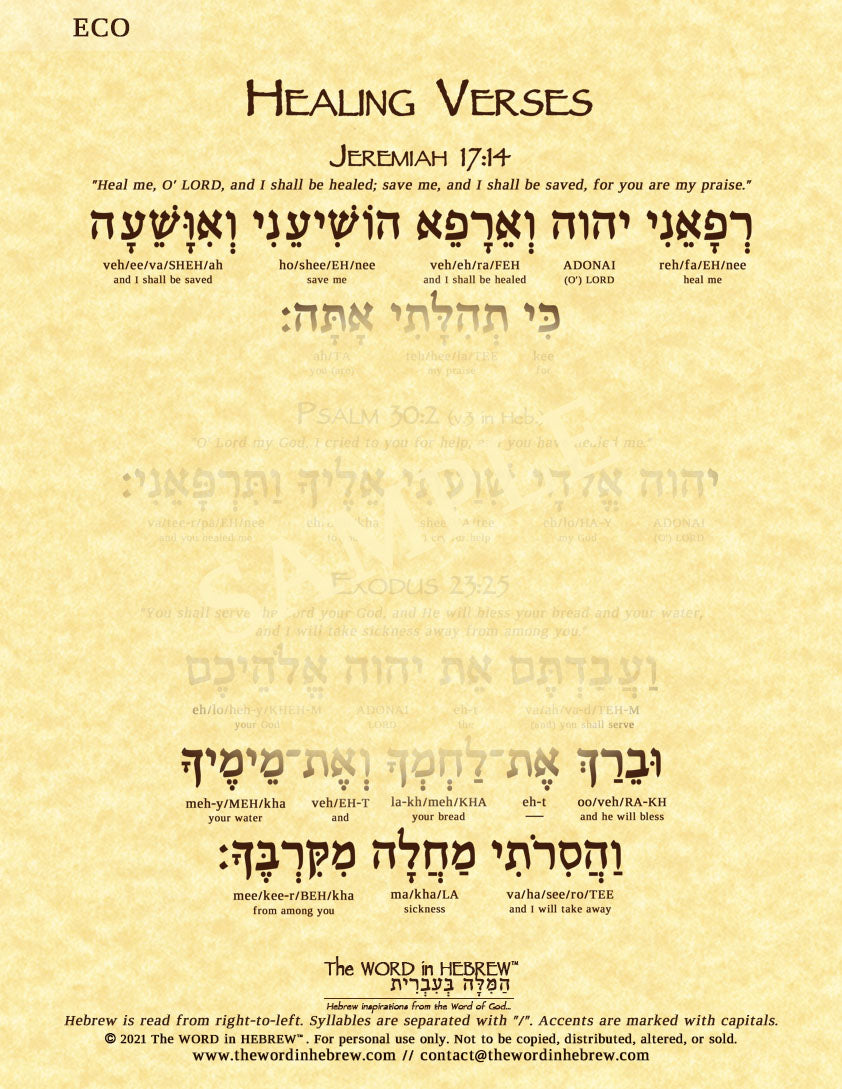 Healing Verses in Hebrew (Jeremiah 17:14, Psalm 30:2, Exodus 23:25) - Print