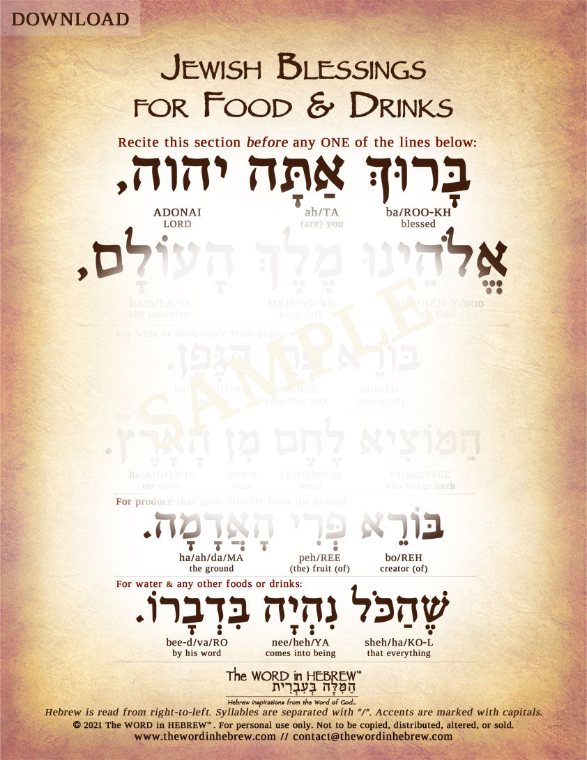 Jewish Blessings for Food & Drinks in Hebrew - Digital Download