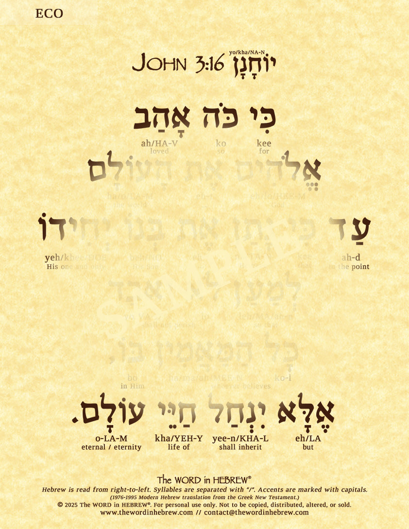 John 3:16 in Hebrew - "For God so loved the world..." - Print