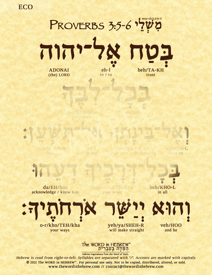 Proverbs 3:5-6 in Hebrew - "Trust in the Lord with all your heart..." - Print