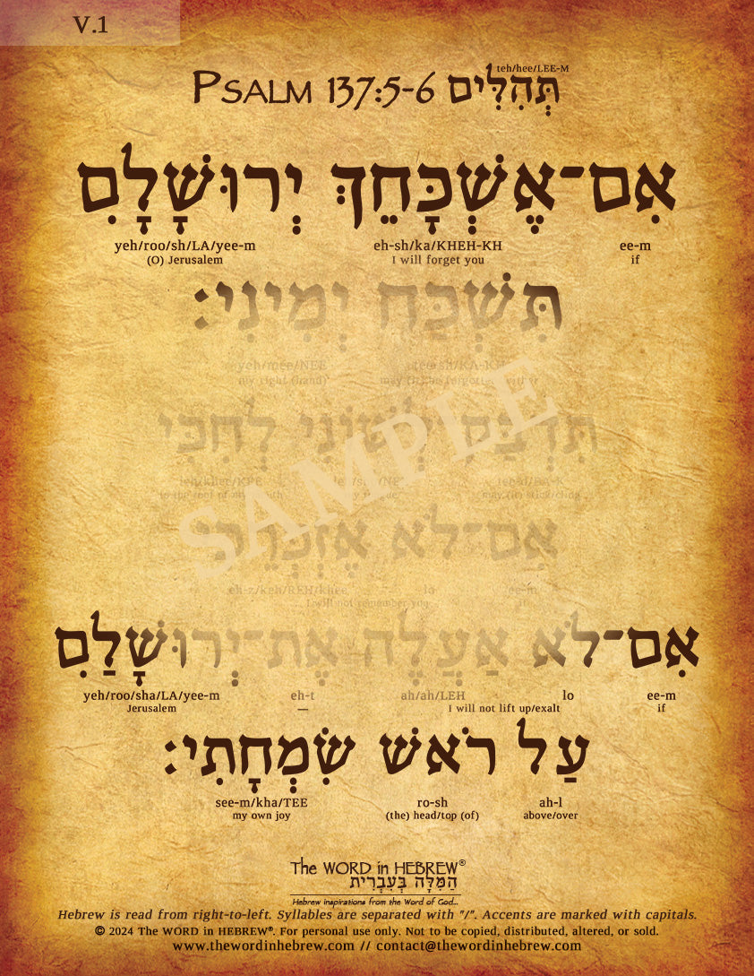 Psalm 137:5-6 in Hebrew - "If I forget you O Jerusalem" - Print