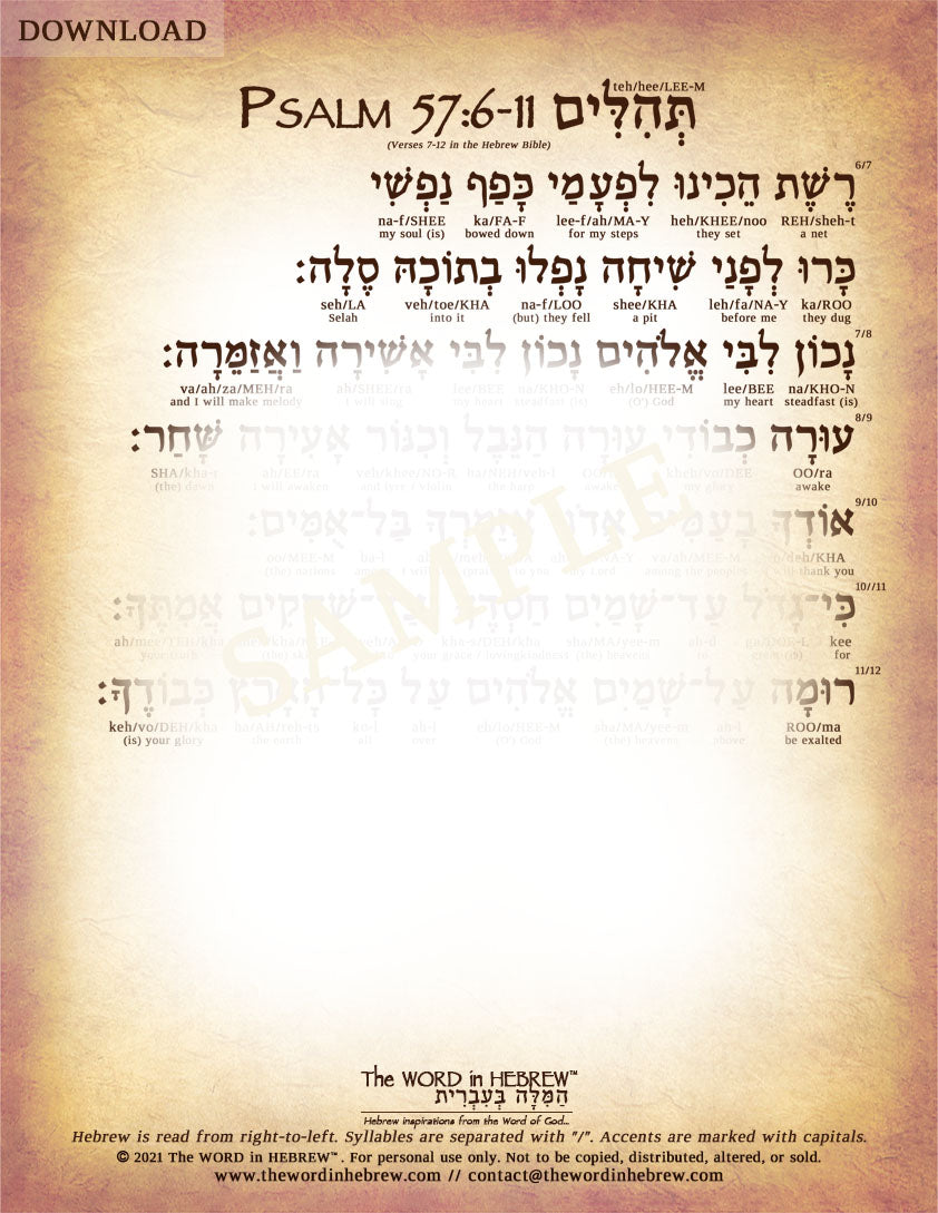 Psalm 57 in Hebrew - Entire Psalm - Digital Download (2-Pages)