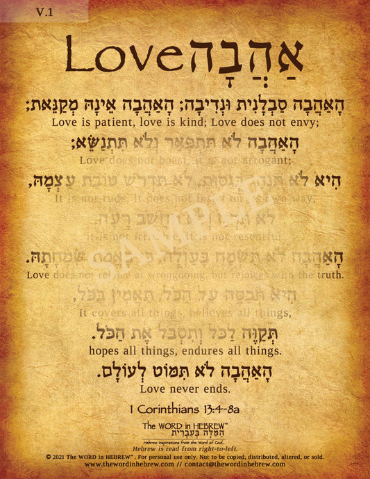 1 Corinthians 13:4-8a in Hebrew - "Love is Patient, Love is Kind..." - Print