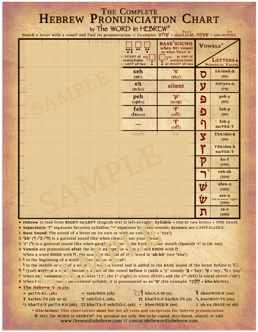 The Complete Hebrew Pronunciation Chart (WHOLESALE ONLY!) V.1 - LAMINATED