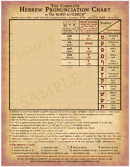 The Complete Hebrew Pronunciation Chart (WHOLESALE ONLY!) V.1 - LAMINATED