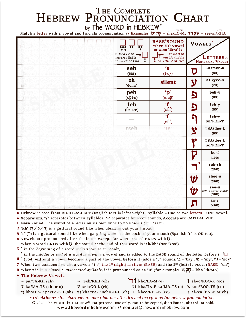 The Complete Hebrew Pronunciation Chart (WHOLESALE ONLY!) WHITE - LAMINATED