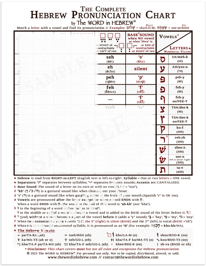 The Complete Hebrew Pronunciation Chart (WHOLESALE ONLY!) WHITE - LAMINATED