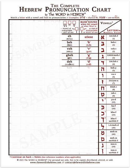 The Complete Hebrew Pronunciation Chart (WHOLESALE ONLY!) WHITE - LAMINATED