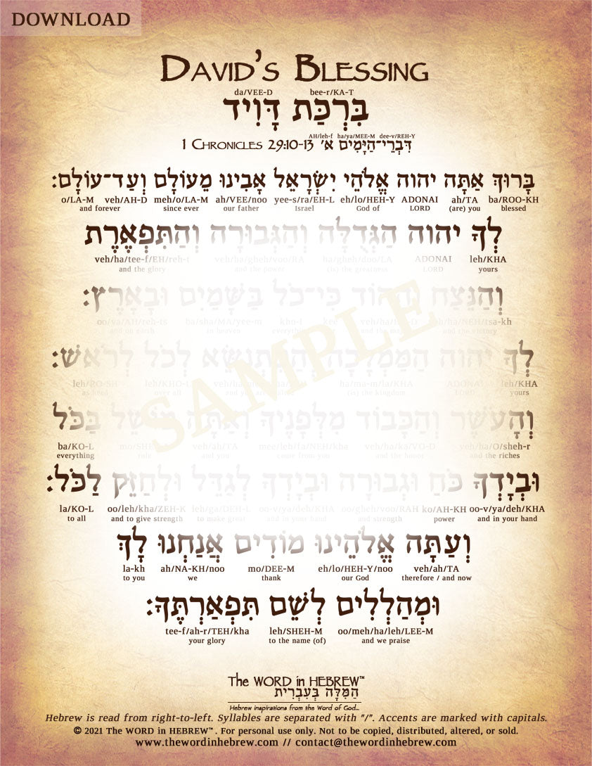 David's Prayer in Hebrew - "Blessed are you, O Lord..." - Digital Download