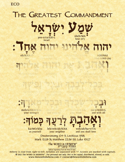 The Greatest Commandment in Hebrew - Print