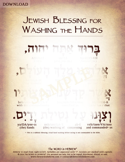 Jewish Blessing for Washing the Hands in Hebrew - Digital Download