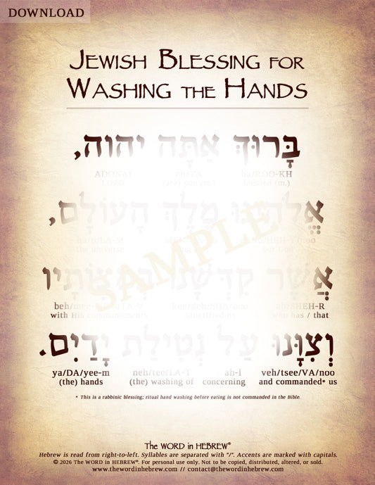 Jewish Blessing for Washing the Hands in Hebrew - Digital Download