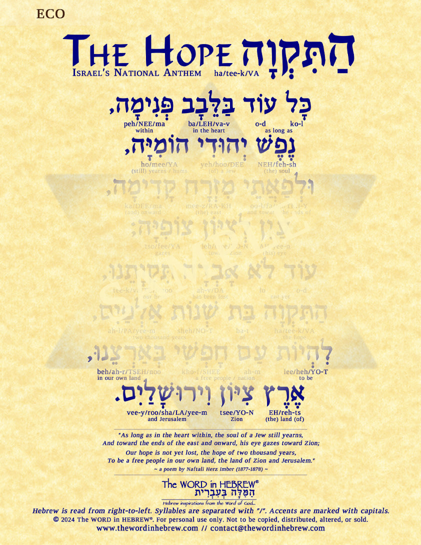 Hatikva in Hebrew - Israel's National Anthem in Hebrew - Print