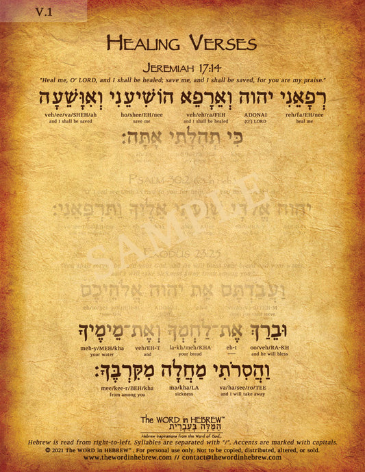 Healing Verses in Hebrew (Jeremiah 17:14, Psalm 30:2, Exodus 23:25) - Print