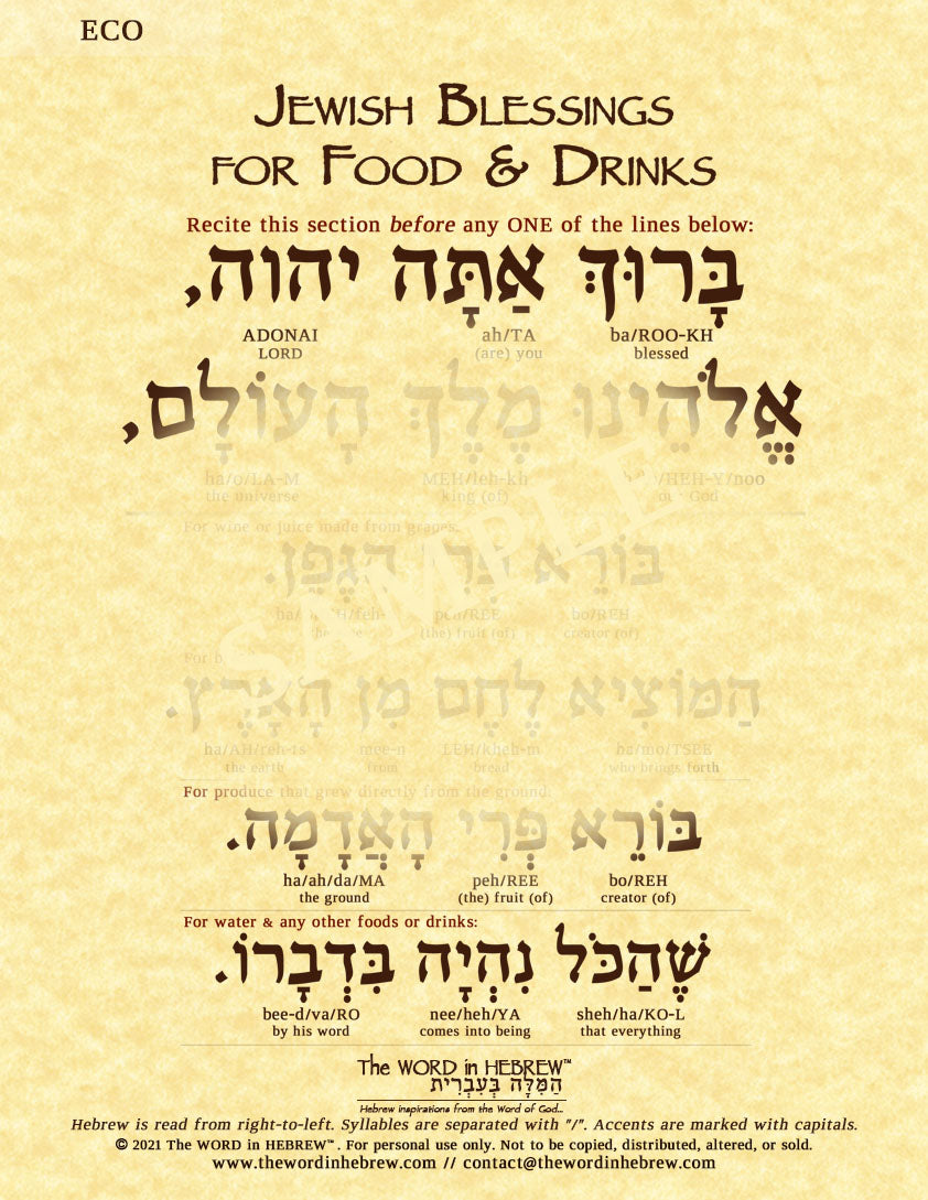 Jewish Blessings for Food & Drinks in Hebrew