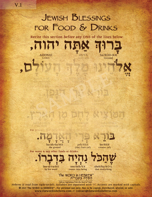 Jewish Blessings for Food & Drinks in Hebrew - Print