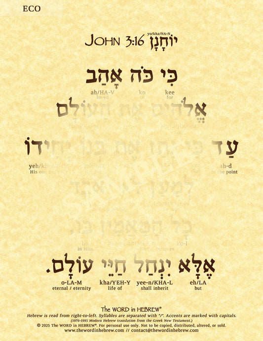 John 3:16 in Hebrew - "For God so loved the world..." - Print