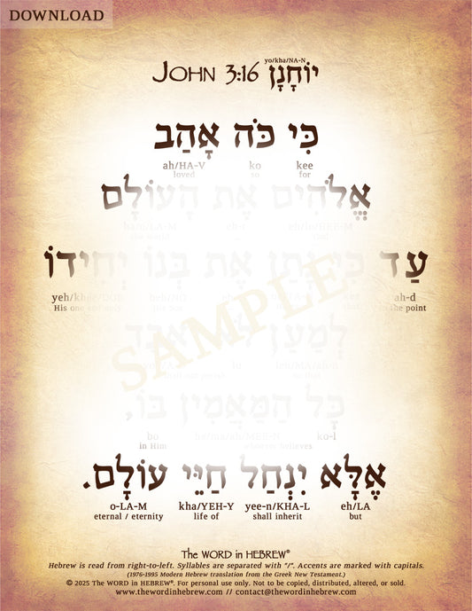 John 3:16 in Hebrew - "For God so loved the world..." - Digital Download