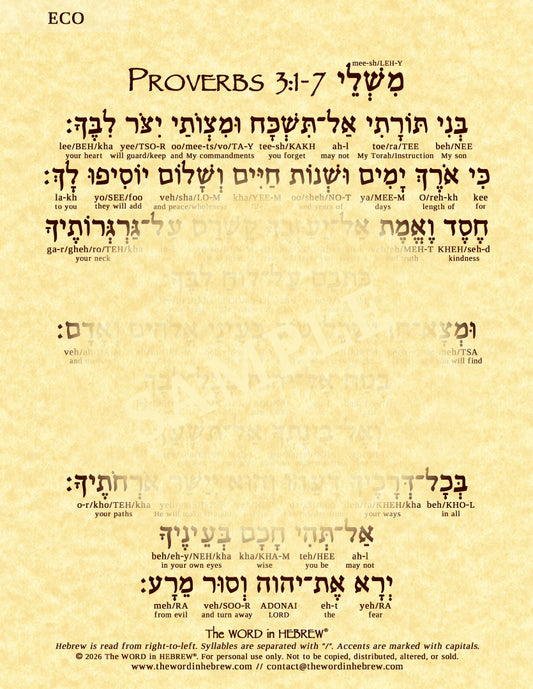 Proverbs 3:1-7 in Hebrew - Print