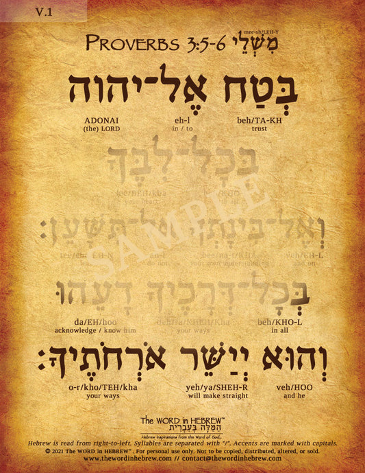 Proverbs 3:5-6 in Hebrew - "Trust in the Lord with all your heart..." - Print