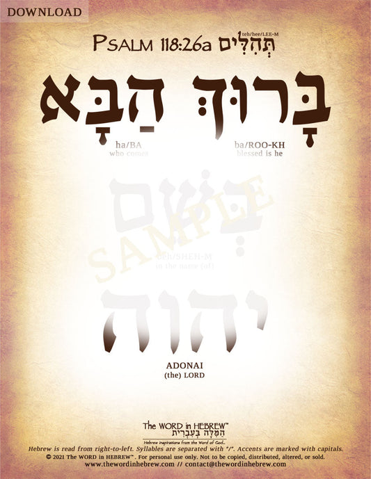 Psalm 118:26a in Hebrew - "Blessed is he who comes in the name of the Lord!" - Digital Download