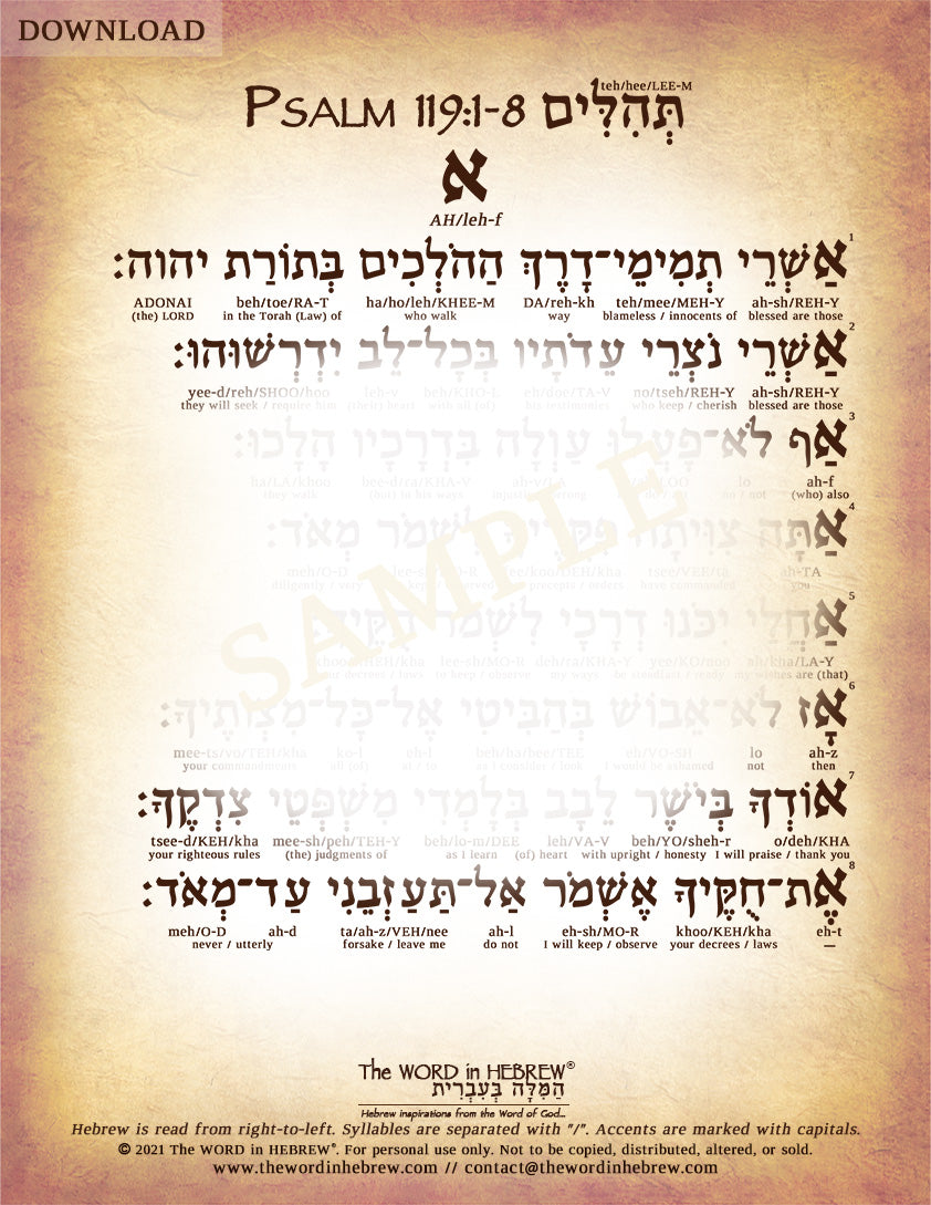 Psalm 119 in Hebrew - PDF DOWNLOADS (8.5"x11", NO Shipping)