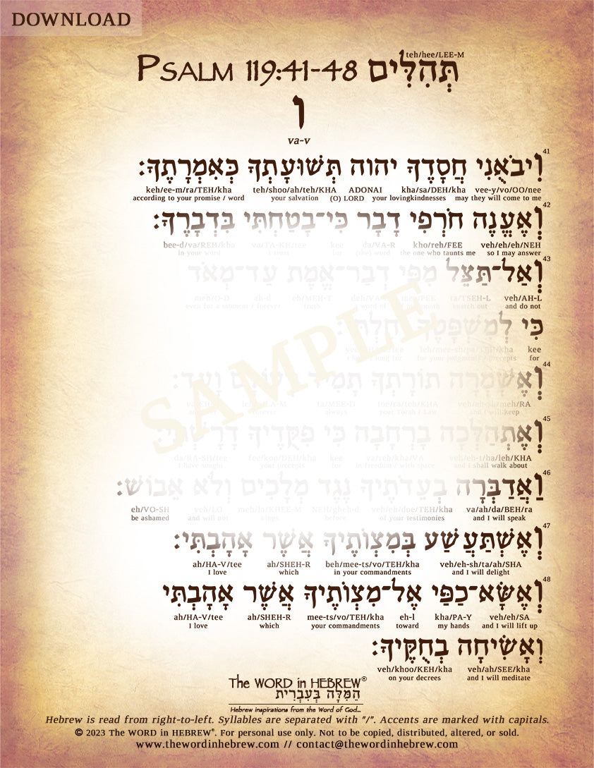 Psalm 119 in Hebrew - PDF DOWNLOADS (8.5"x11", NO Shipping)