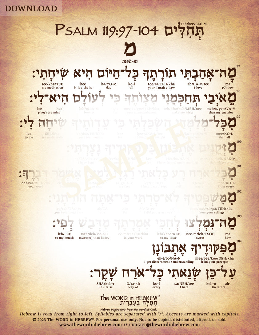 Psalm 119 in Hebrew - PDF DOWNLOADS (8.5"x11", NO Shipping)