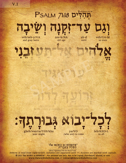 Psalm 71:18 in Hebrew - "So even until I am old and gray..." - Print