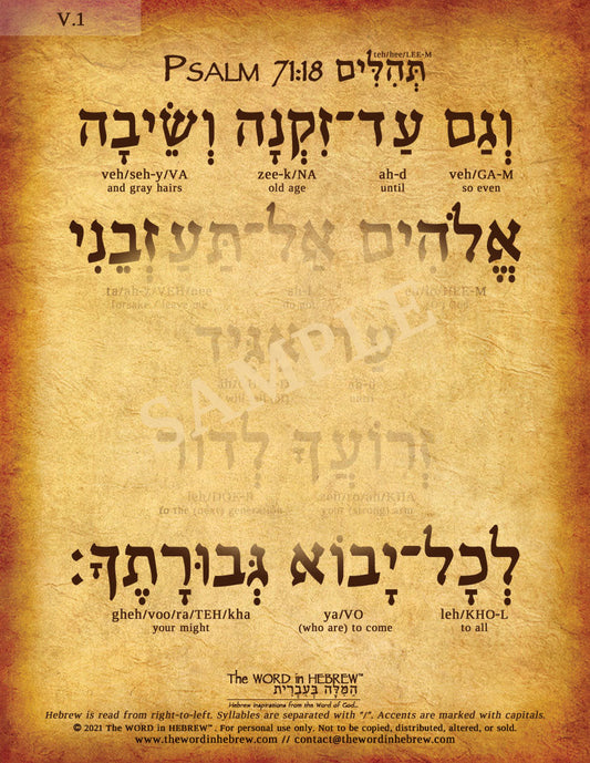 Psalm 71:18 in Hebrew - "So even until I am old and gray..." - Print